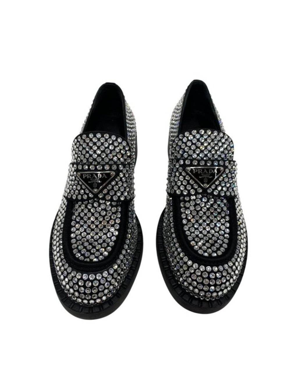 Prada Loafers Leather Shoes Satin Black Crystal Rhinestone Logo Plate - Picture 3 of 11